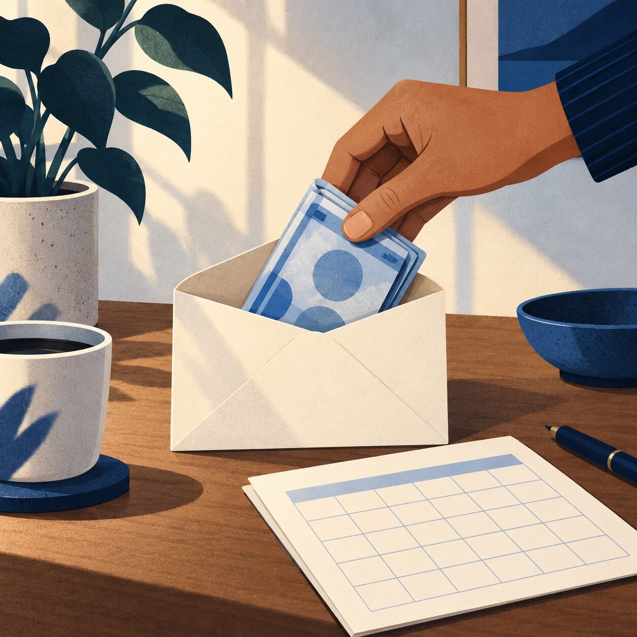 A monthly repayment being placed into an envelope beside a calendar